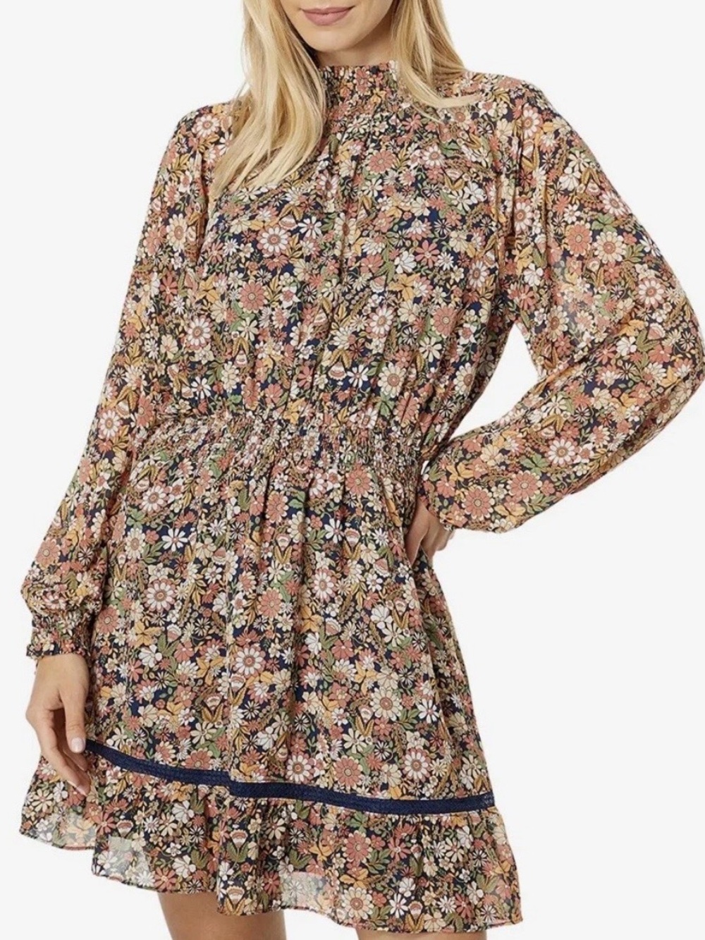 Lost + Wander| Boho Floral Pink/Navy Long-Sleeve Smocked Waist Mini Dress Sz M